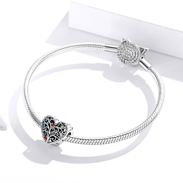 Tree Of Life Heart Sterling Silver Zircon CZ Bead Charm Bracelet Necklace