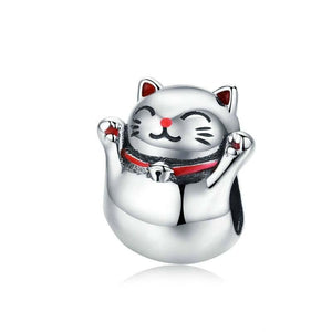 Lucky Cat Enamel Sterling Silver Bead Charm Bracelet Necklace