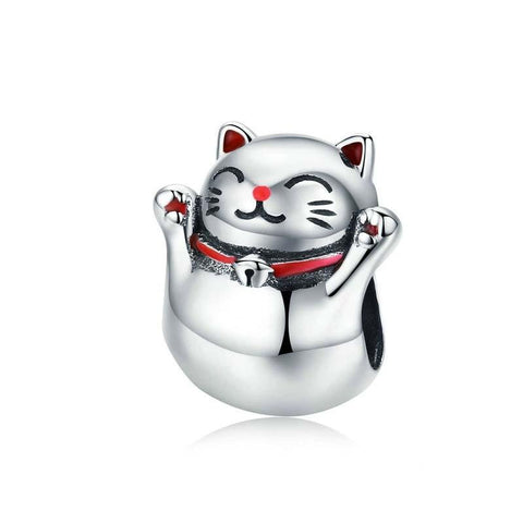 Lucky Cat Enamel Sterling Silver Bead Charm Bracelet Necklace