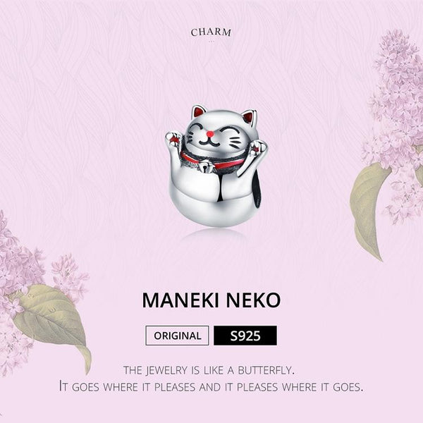 Lucky Cat Enamel Sterling Silver Bead Charm Bracelet Necklace