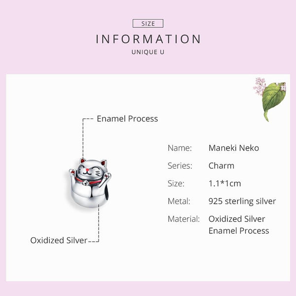 Lucky Cat Enamel Sterling Silver Bead Charm Bracelet Necklace