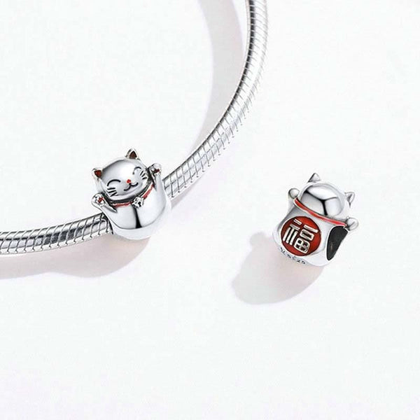 Lucky Cat Enamel Sterling Silver Bead Charm Bracelet Necklace