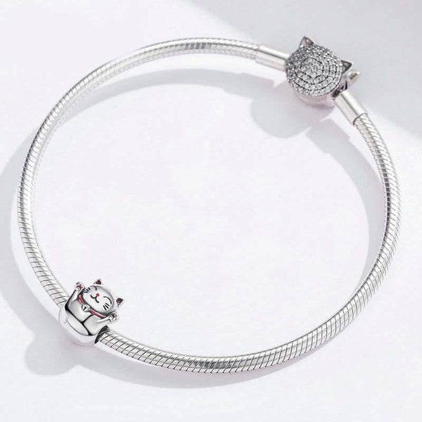 Lucky Cat Enamel Sterling Silver Bead Charm Bracelet Necklace