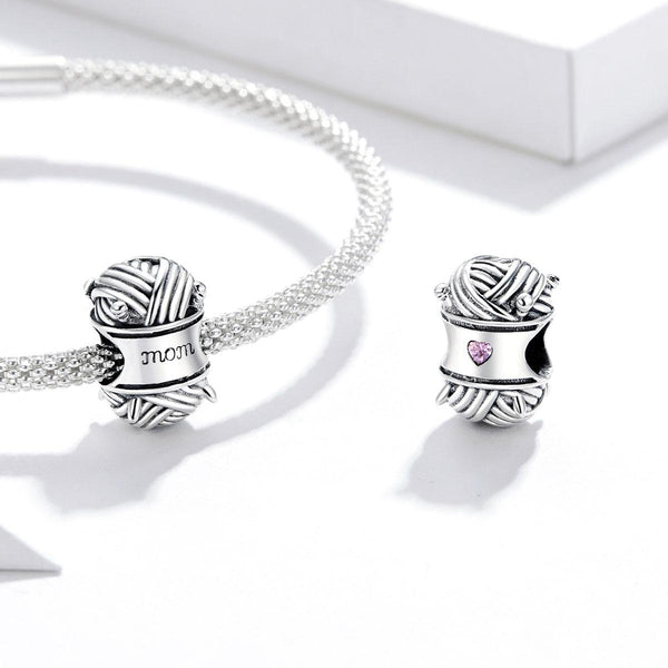 Knitting Mom Ball Of Wool Sterling Silver Zircon CZ Bead Charm Bracelet Necklace