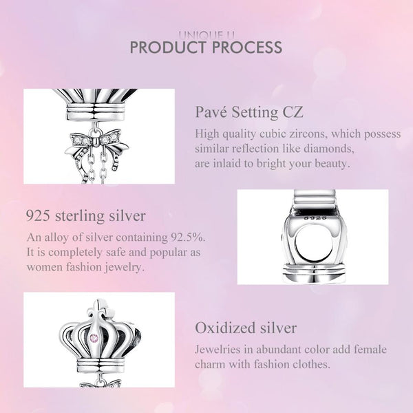 Crown Box Sterling Silver Zircon CZ Bead Charm Bracelet Necklace