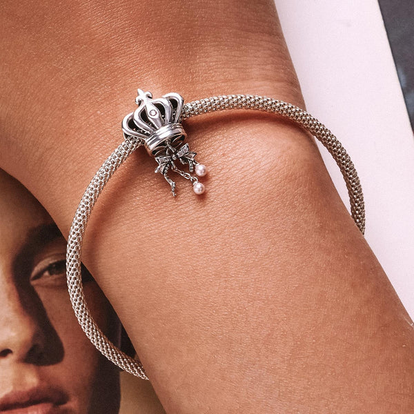 Crown Box Sterling Silver Zircon CZ Bead Charm Bracelet Necklace