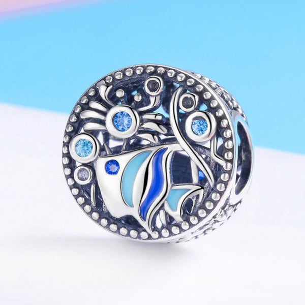Fish Crab Underwater Sterling Silver CZ Bead Charm Pendant Bracelet Necklace