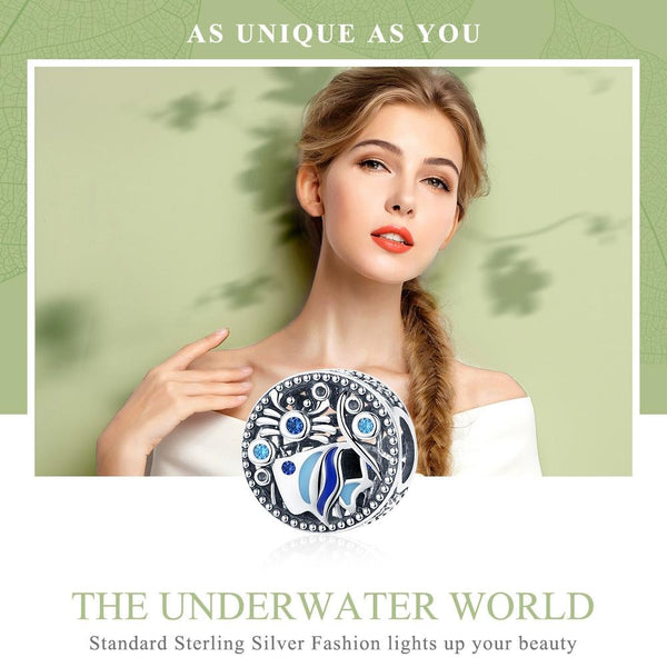 Fish Crab Underwater Sterling Silver CZ Bead Charm Pendant Bracelet Necklace