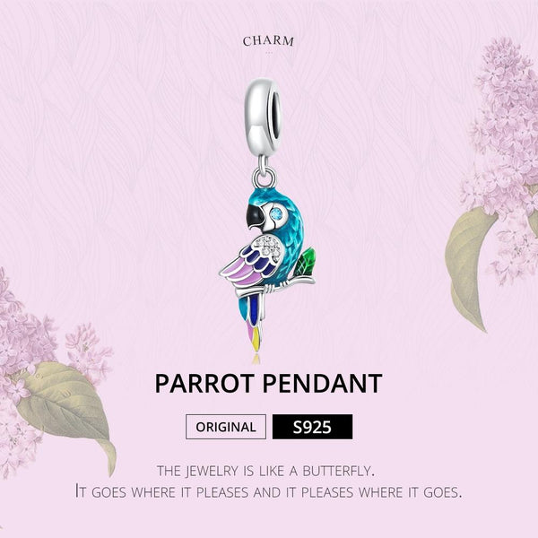 Parrot Enamel Sterling Silver Zircon CZ Bead Charm Bracelet Necklace Pendant