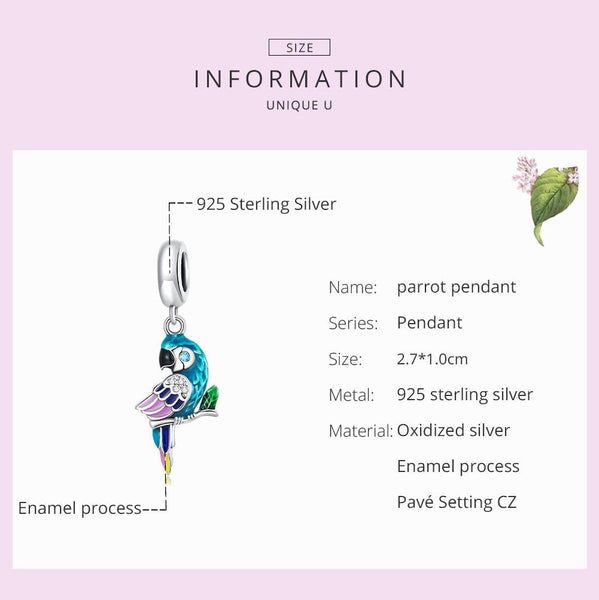 Parrot Enamel Sterling Silver Zircon CZ Bead Charm Bracelet Necklace Pendant