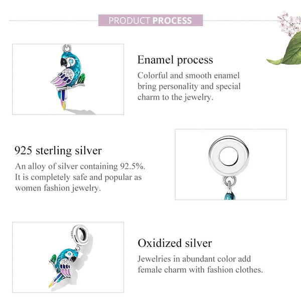 Parrot Enamel Sterling Silver Zircon CZ Bead Charm Bracelet Necklace Pendant
