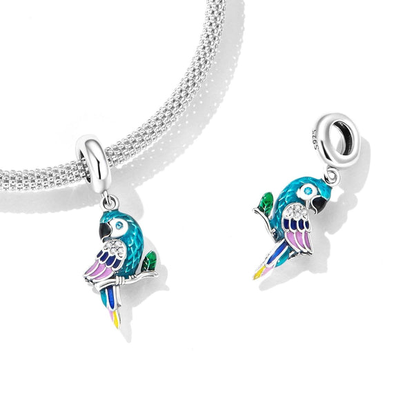 Parrot Enamel Sterling Silver Zircon CZ Bead Charm Bracelet Necklace Pendant