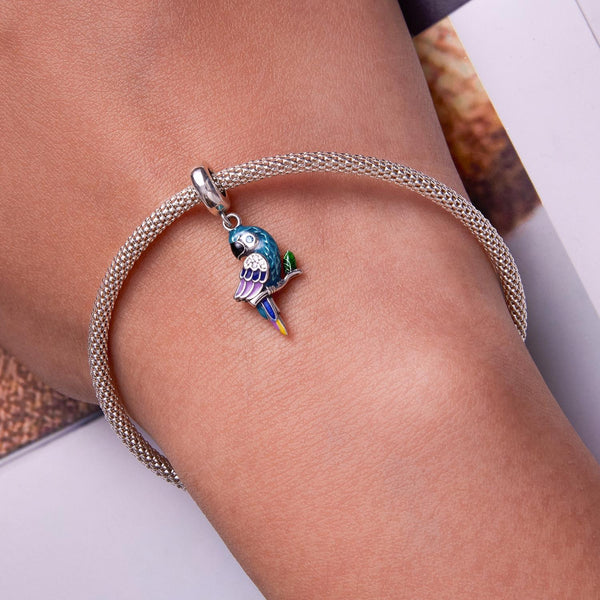 Parrot Enamel Sterling Silver Zircon CZ Bead Charm Bracelet Necklace Pendant