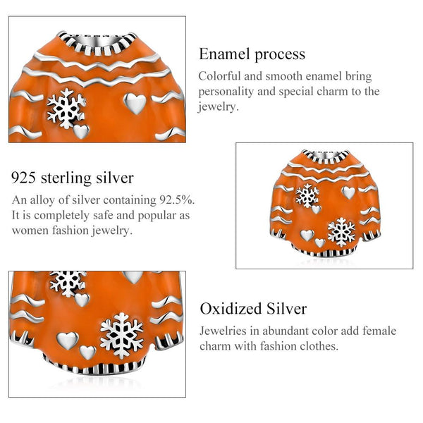 Orange Winter Sweater Enamel Sterling Silver Bead Charm Pendant Bracelet Necklace