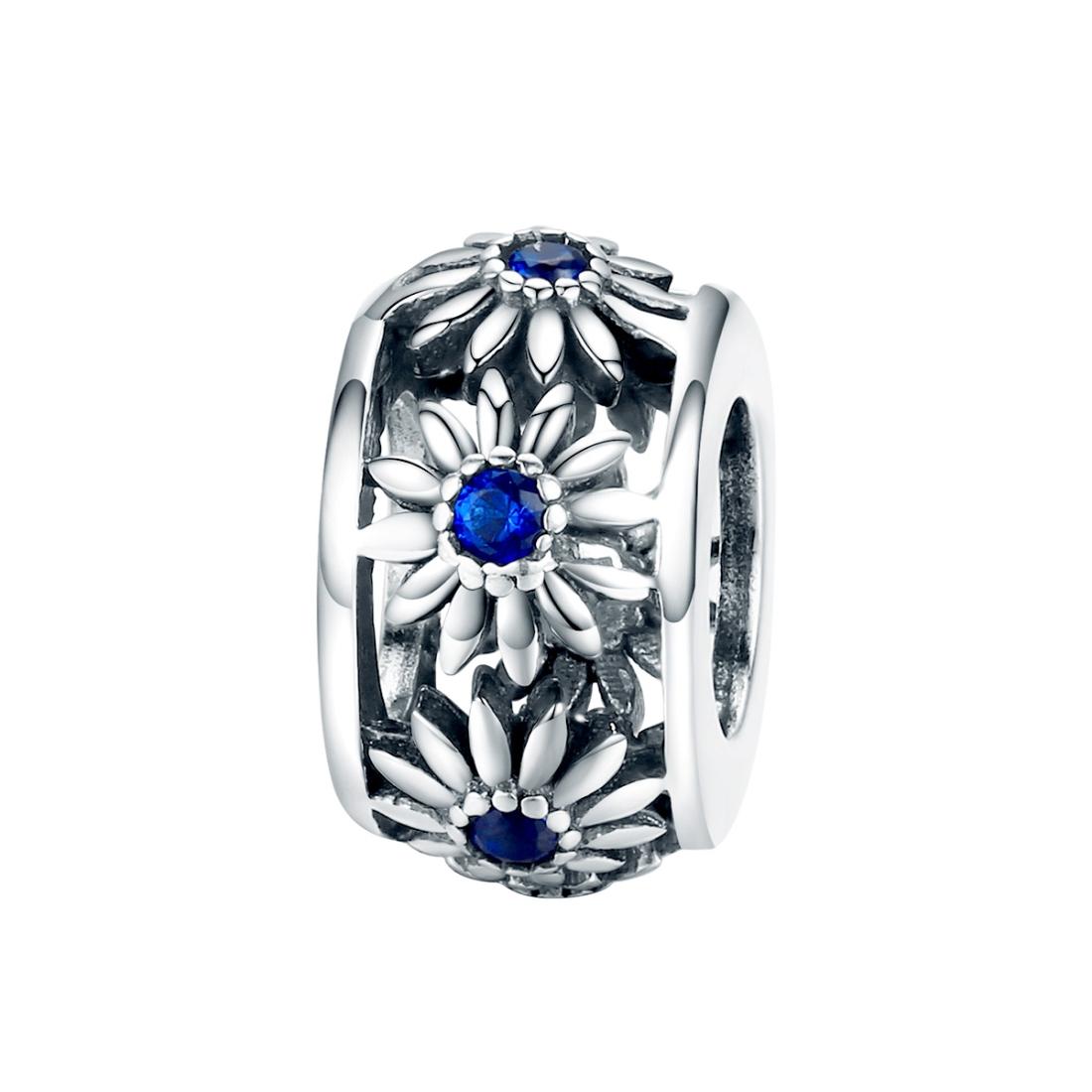 Blue Daisy Silver Zircon CZ Spacer Bead Charm Bracelet Necklace