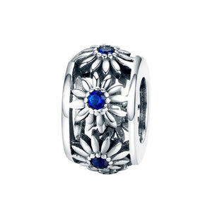 Blue Daisy Silver Zircon CZ Spacer Bead Charm Bracelet Necklace