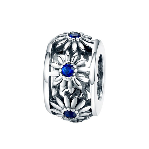 Blue Daisy Silver Zircon CZ Spacer Bead Charm Bracelet Necklace
