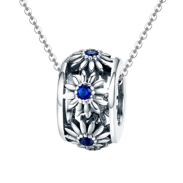 Blue Daisy Silver Zircon CZ Spacer Bead Charm Bracelet Necklace