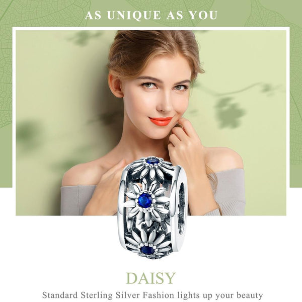Blue Daisy Silver Zircon CZ Spacer Bead Charm Bracelet Necklace