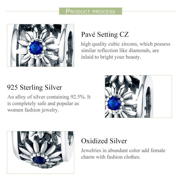Blue Daisy Silver Zircon CZ Spacer Bead Charm Bracelet Necklace