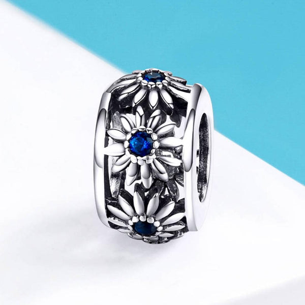 Blue Daisy Silver Zircon CZ Spacer Bead Charm Bracelet Necklace