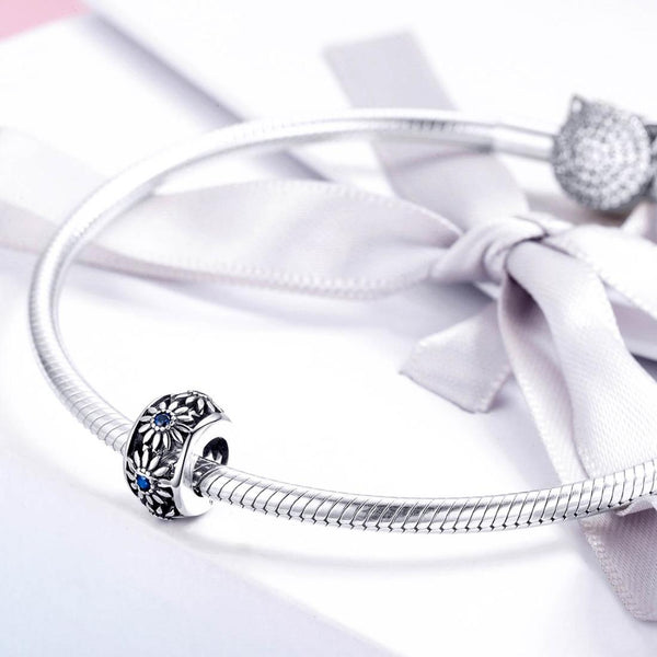 Blue Daisy Silver Zircon CZ Spacer Bead Charm Bracelet Necklace