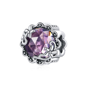 Purple Flower Floral Sterling Silver Zircon CZ Bead Charm Bracelet Necklace