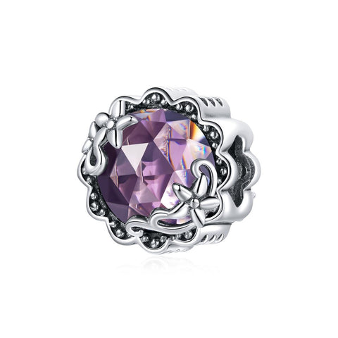 Purple Flower Floral Sterling Silver Zircon CZ Bead Charm Bracelet Necklace