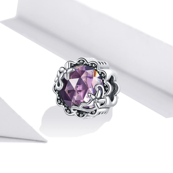 Purple Flower Floral Sterling Silver Zircon CZ Bead Charm Bracelet Necklace