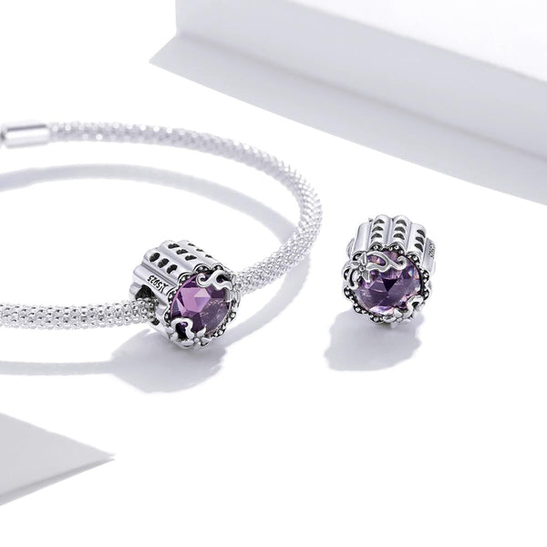 Purple Flower Floral Sterling Silver Zircon CZ Bead Charm Bracelet Necklace