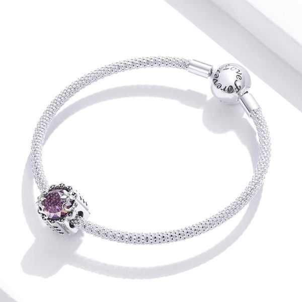 Purple Flower Floral Sterling Silver Zircon CZ Bead Charm Bracelet Necklace