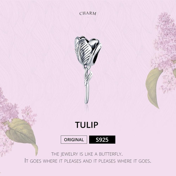 Tulip Sterling Silver Bead Charm Pendant Bracelet Necklace