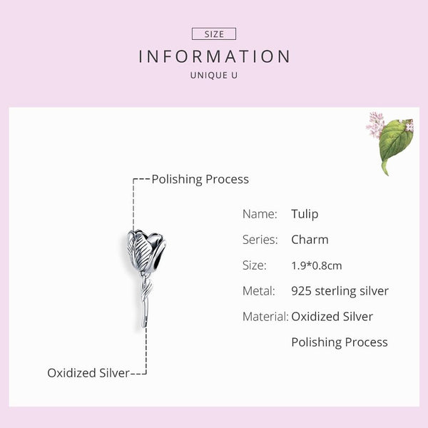 Tulip Sterling Silver Bead Charm Pendant Bracelet Necklace