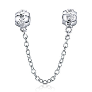 Hearts Sterling Silver Zircon CZ Safety Chain For Bracelet
