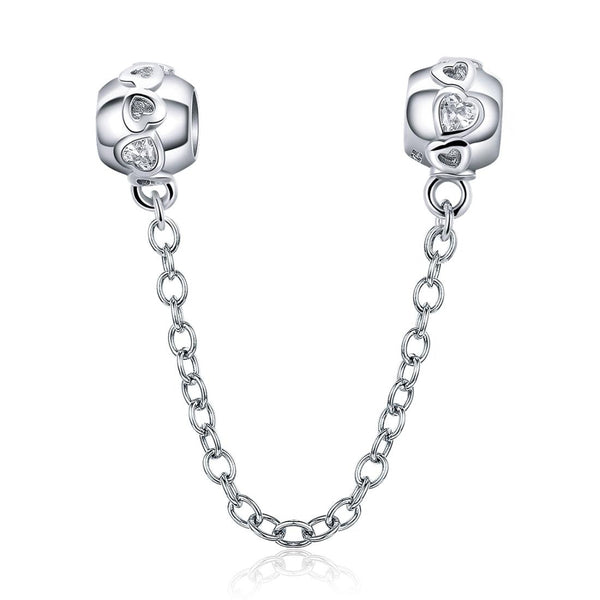 Hearts Sterling Silver Zircon CZ Safety Chain For Bracelet