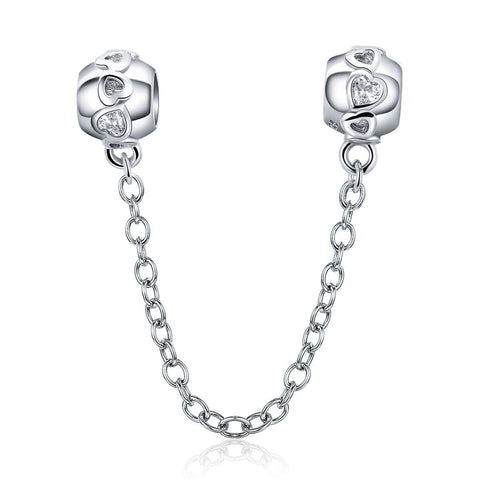 Hearts Sterling Silver Zircon CZ Safety Chain For Bracelet