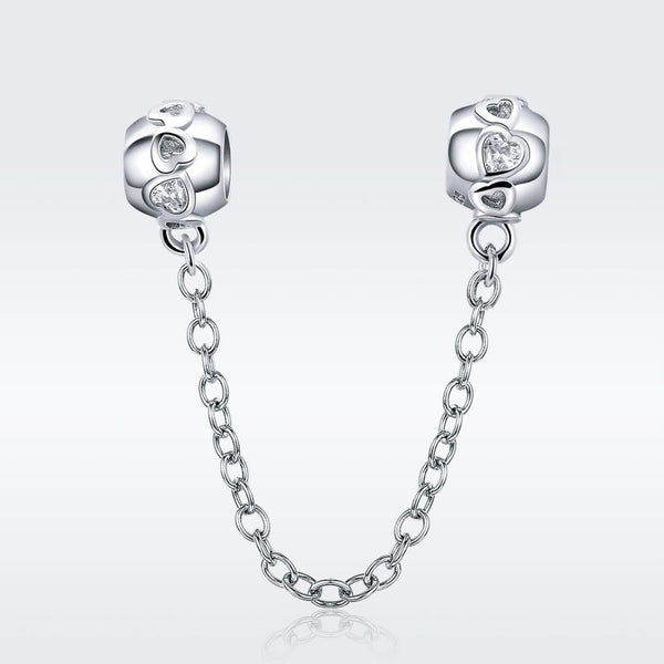 Hearts Sterling Silver Zircon CZ Safety Chain For Bracelet