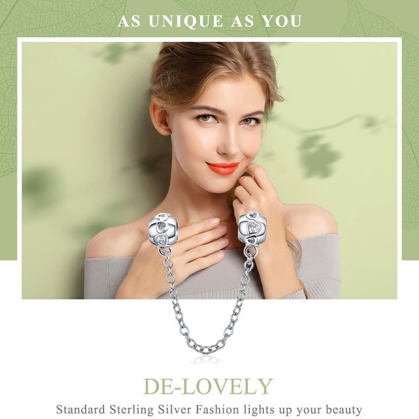 Hearts Sterling Silver Zircon CZ Safety Chain For Bracelet