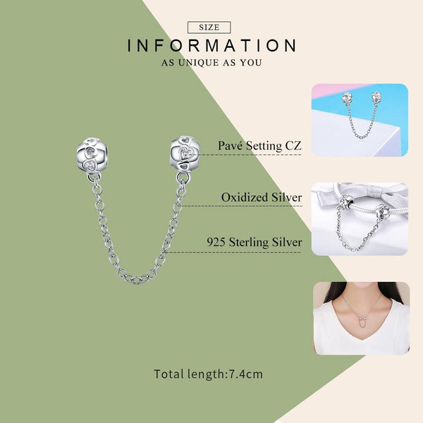 Hearts Sterling Silver Zircon CZ Safety Chain For Bracelet
