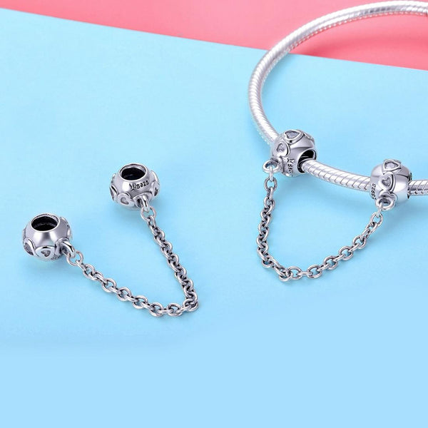 Hearts Sterling Silver Zircon CZ Safety Chain For Bracelet