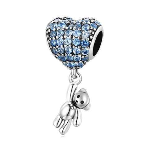 Blue Balloon Heart Bear Sterling Silver Zircon CZ Bead Charm Bracelet Necklace