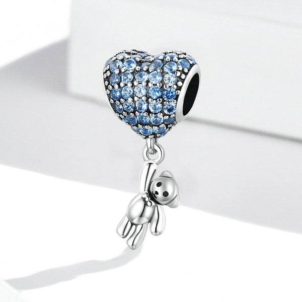 Blue Balloon Heart Bear Sterling Silver Zircon CZ Bead Charm Bracelet Necklace