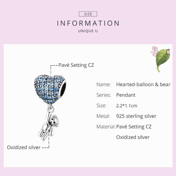 Blue Balloon Heart Bear Sterling Silver Zircon CZ Bead Charm Bracelet Necklace
