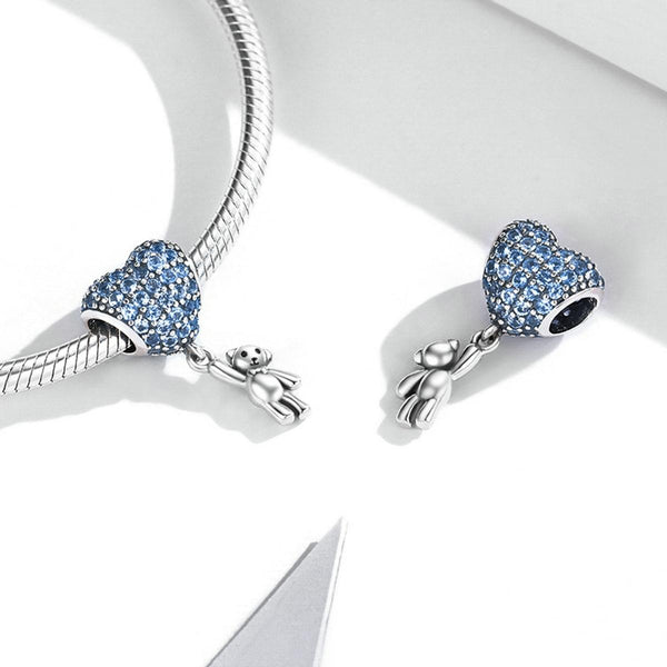 Blue Balloon Heart Bear Sterling Silver Zircon CZ Bead Charm Bracelet Necklace