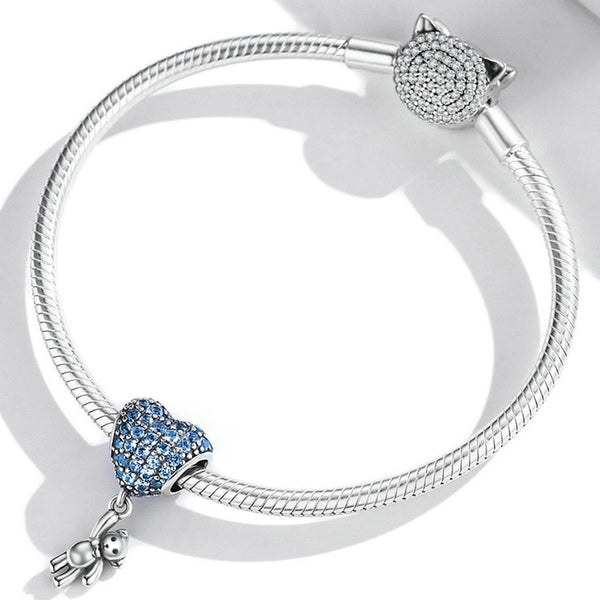 Blue Balloon Heart Bear Sterling Silver Zircon CZ Bead Charm Bracelet Necklace