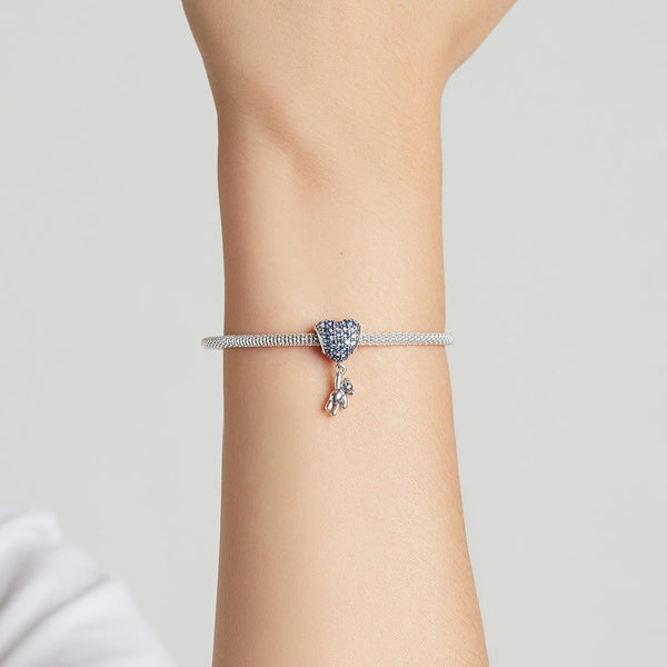 Blue Balloon Heart Bear Sterling Silver Zircon CZ Bead Charm Bracelet Necklace