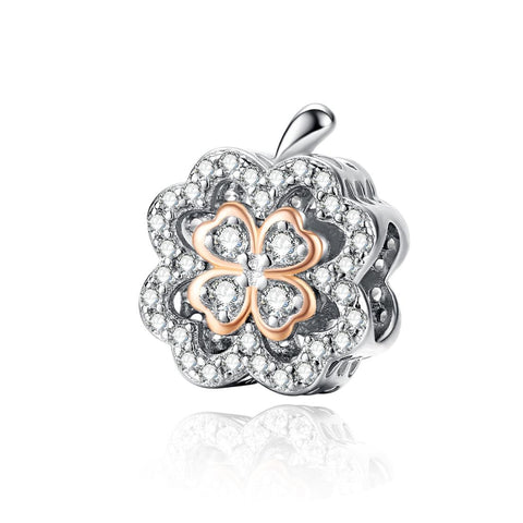 Four Leaf Clover Sterling Silver Zircon CZ Bead Charm Pendant Bracelet Necklace