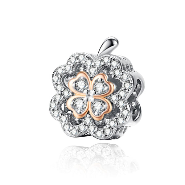 Four Leaf Clover Sterling Silver Zircon CZ Bead Charm Pendant Bracelet Necklace