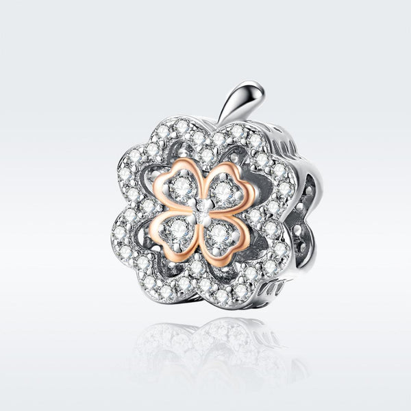 Four Leaf Clover Sterling Silver Zircon CZ Bead Charm Pendant Bracelet Necklace