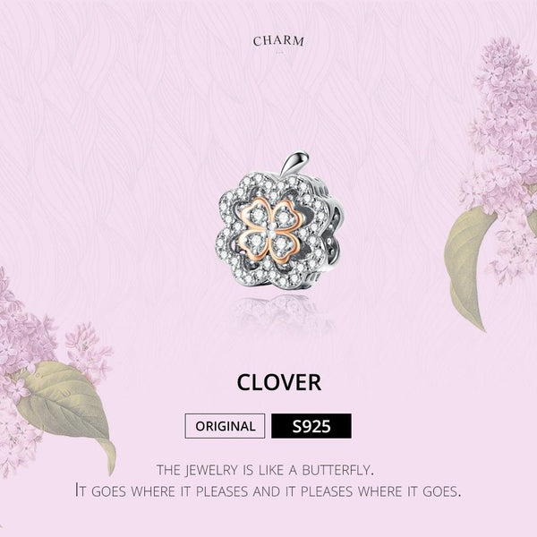 Four Leaf Clover Sterling Silver Zircon CZ Bead Charm Pendant Bracelet Necklace